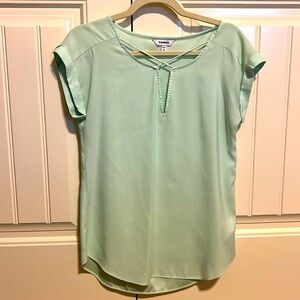 Express Silky mint green short sleeve open neck blouse criss cross detail